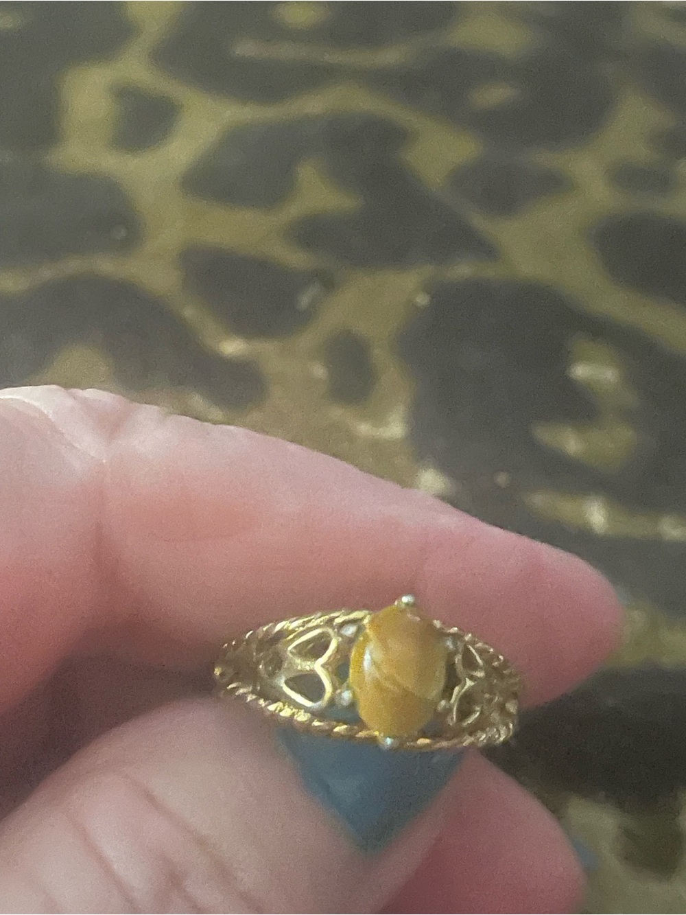 Gold Filigree Ring with Yellow Cabochon Stone - Tiger eye adjustable
